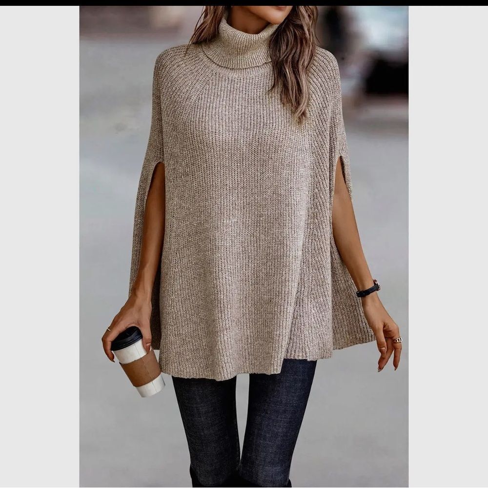 Elegant Taupe Turtleneck Sweater Poncho
